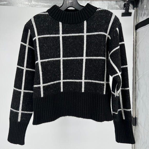 Poof New York Sweaters - Y2K preppy work POOF NEW YORK Black White Grid Mock Neck Sweater Knit Top Siz L